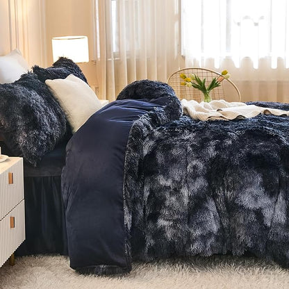 Andency Faux Fur Tie-Dyed Black Blue Comforter for Queen Size Bed, 3 Pieces Fluffy Fuzzy Plush Bedding Comforter Set (1 Shaggy Velvet Comforter & 2 Pillowcases)