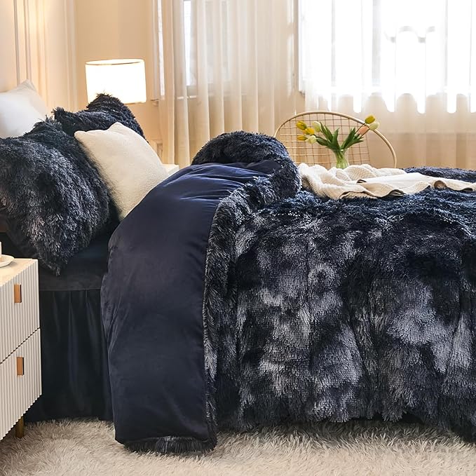 Andency Faux Fur Tie-Dyed Black Blue Comforter Set Full Size, 3 Pieces Fluffy Fuzzy Plush Bedding Comforter Set (1 Shaggy Velvet Comforter & 2 Pillowcases), Soft Puffy Down Comforter Bedding Set