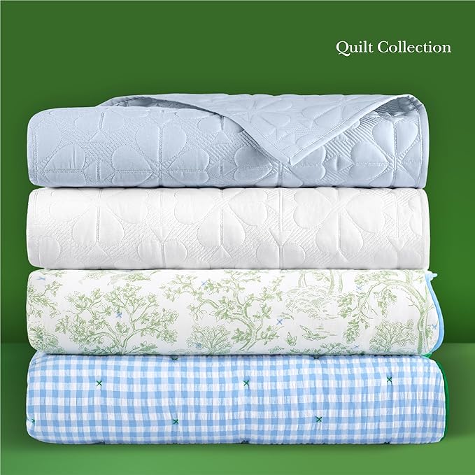 kate spade new york Spade Floral 3-Piece King Quilt Bedding Set, 100% Cotton Sateen Reversible Cover, All Season Warmth Bedding, Machine Washable, Halogen Blue
