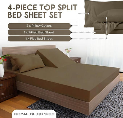 Top Split King Sheets Sets for Adjustable Bed, 4 Pcs Deep Pockets Double Brushed Microfiber Sheets, 34 Inch Split Top Fitted Sheet, 1 King Flat Sheet and 2 Pillowcases - Light Brown