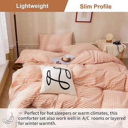EAVD Pink Tan Gingham Comforter Set Queen Soft Washed Cotton Farmhouse Mini Pink Tan Checkered Plaid Bedding Set with 2 Pillowcases Modern Farmhouse Reversible Plaid Comforter Set for All-Season
