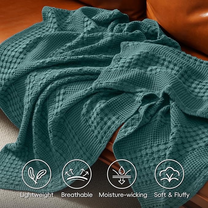 PHF 100% Cotton Waffle Weave Blanket Queen Size for Bed, Soft Lightweight & Breathable for Spring and Summer, All-Season Comfort, Luxury Aesthetic Blanket for Home Decor, 90"x90", Teal