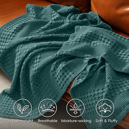 PHF 100% Cotton Waffle Weave Blanket King Size for Bed, Soft Lightweight & Breathable for Spring and Summer, All-Season Comfort, Luxury Aesthetic Blanket for Home Decor, 108"x90", Teal