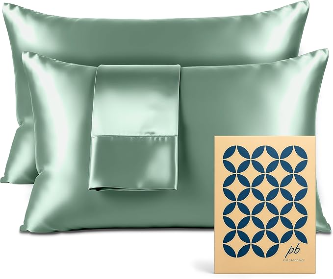 Pure Bedding Satin Pillowcase 2 Pack - King Size (20"x40", Champagne Green) - Silky Pillow Cases for Hair and Skin - Satin Pillow Covers with Envelope Closure - Extra Soft Premium Microfiber