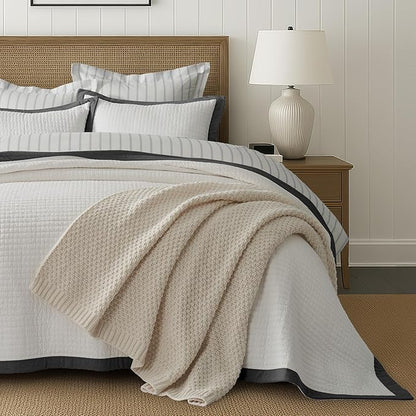 EVERGRACE Cotton Border Frame Tack-Stitch Quilt Bedding Set King Size, Coastal Oversized 3 Pieces Lightweight Bedspread Coverlet for All Season, with 2 Matching Shams, Washed Black