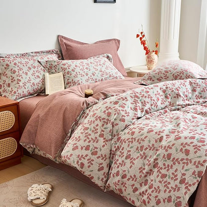 mixinni 100% Washed Cotton Duvet Cover Set, Reversible Vintage Floral Jacquard Textured Comforter Cover, Boho Farmhouse Bedding Set with Zipper Closure for All Season, Queen Size