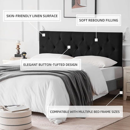 Linen Headboard King Size, Adjustable Height Headboard 37-51 in, Black | Diamond Tufting Solid Wood King Headboards, Durable Metal Legs, Upholstered King Head Board for Bed Frame, Modern Fabric