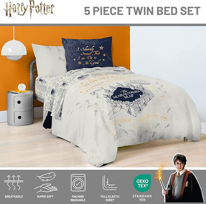 Jay Franco Kids Comforter Set Includes Sheets and Pillow Covers - Soft and Cozy Bed Set for Stylish Room Decor, Beige - Harry Potter, 5 Piece Twin Size Bedding