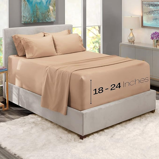 Hearth & Harbor Extra Deep Pocket Queen Sheets Sets - Fits Mattress 18-24 Inches Deep - Extra Deep Pocket Sheets - 6 Piece Queen Size - Taupe