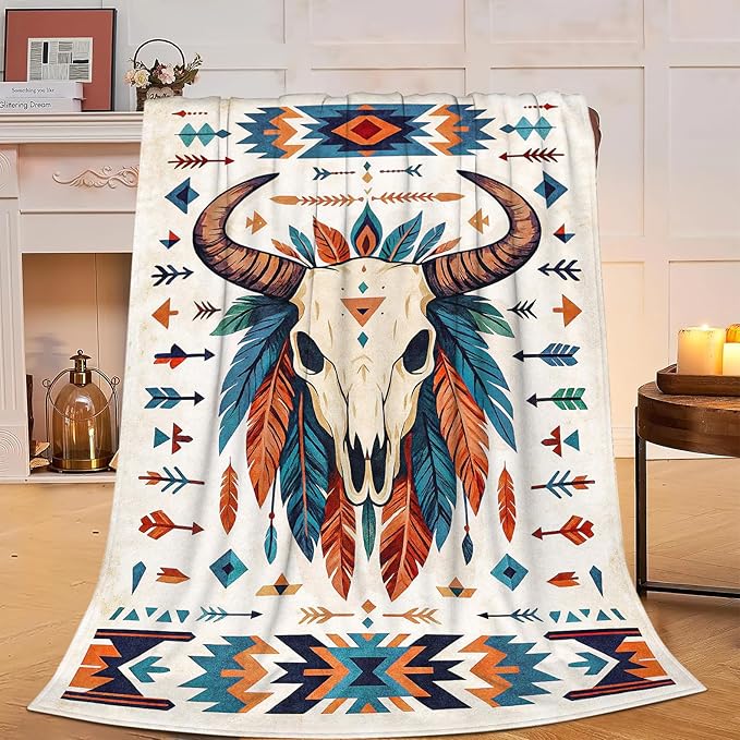 Western Cattle Skull Blanket Super Soft Warm Fluffy Fleece Flannel Throw Blanket Cozy Fuzzy Plush Stuff Bedding Blankets Gifts for Women Kids Boys Girls Adults 60"X50"