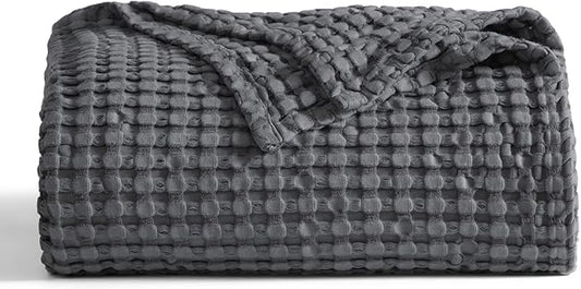 Bedsure Cooling Cotton Waffle Queen Size Blanket - Lightweight Breathable Blanket of Rayon Derived from Bamboo for Hot Sleepers, Luxury Throws for Bed, Couch and Sofa, Dark Grey, 90x90 Inches