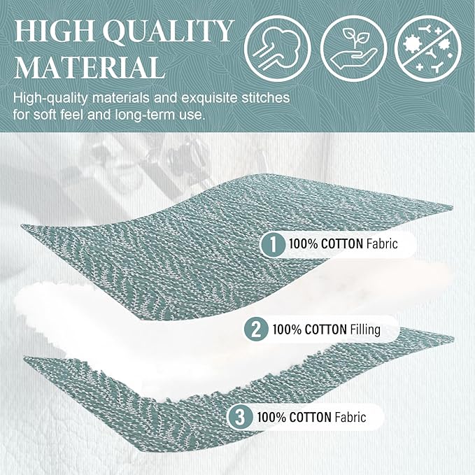 SahSahCasa Quilt Set Queen Size, 100% Cotton Quilt Bedding Set Bedspread, Botanical Pattern Solid Color Chic Lightweight Quilted Comforter for Queen Bed, White/Teal, All Season, 3PCs