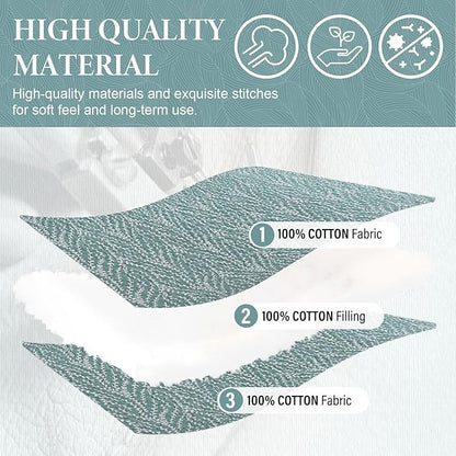 SahSahCasa Quilt Set Queen Size, 100% Cotton Quilt Bedding Set Bedspread, Botanical Pattern Solid Color Chic Lightweight Quilted Comforter for Queen Bed, White/Teal, All Season, 3PCs