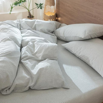 MooMee Striped Duvet Cover Set 100% Washed Cotton Linen Like Textured Breathable Durable Soft Comfy (Heathered Green Pinstripes, Alaska King 132"x120")