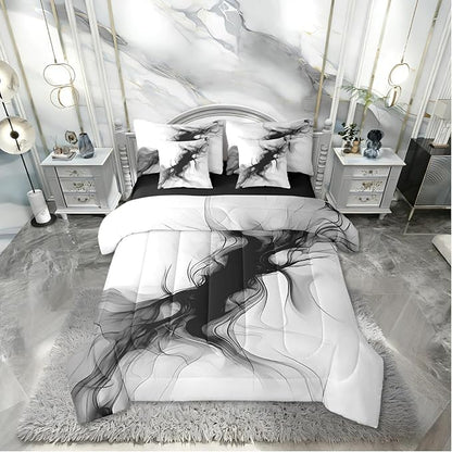 Erosebridal Black and White 7 Piece Comforter Set King Abstract Bedroom Decor for Men Teens Modern Ombre Grey Marble Bedding Set Elegant Ink Texture Neutral Sheet Set Marbling Minimalist Art Quilt
