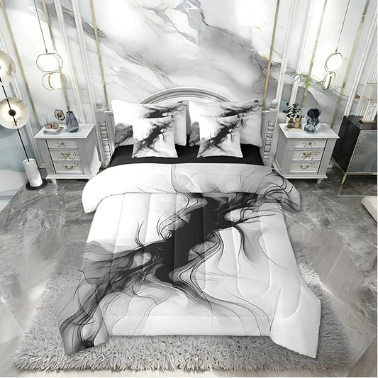 Erosebridal Black and White 7 Piece Comforter Set Queen Abstract Bedroom Decor for Men Teens Modern Ombre Grey Marble Bedding Set Elegant Ink Texture Neutral Sheet Set Marbling Minimalist Art Quilt