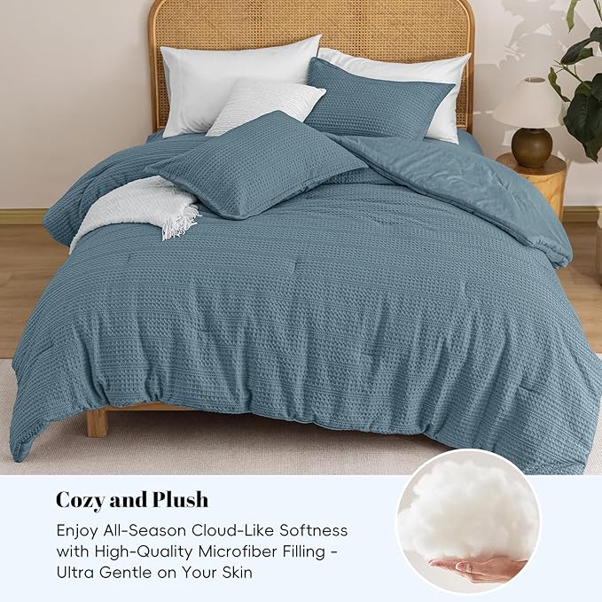 PHF Soft Waffle Comforter Set Queen Size- Comfy Breathable Waffle Weave Comforter with 2 Pillow Shams, 3 Pieces Less Snagging Lightweight Textured Bedding Set for All Season, Stormy Blue