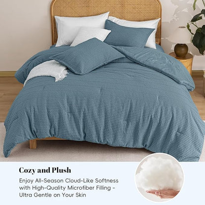 PHF Soft Waffle Comforter Set Queen Size- Comfy Breathable Waffle Weave Comforter with 2 Pillow Shams, 3 Pieces Less Snagging Lightweight Textured Bedding Set for All Season, Stormy Blue