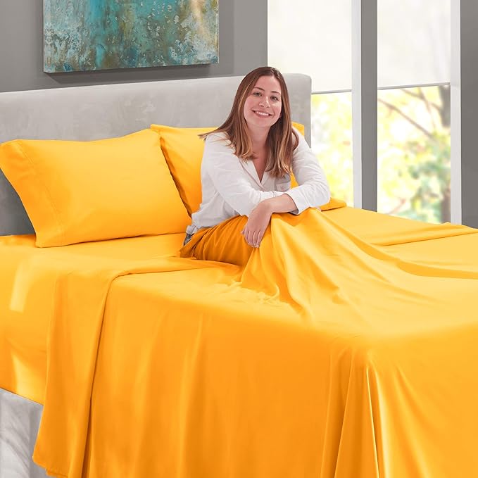 Nestl King Size Sheet Set, 4 Piece Extra Deep Pocket (18-24 inches), Microfiber, Hotel Luxury, Soft, Breathable, Wrinkle-Free, Easy to Care, Yellow