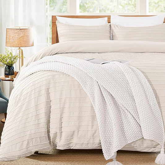 NEXHOME PRO Duvet Cover Full,Beige 3 Pieces Boho Tufted Duvet Cover Set, Soft and Lightweight 100% Washed Microfiber Comforter Cover Set for All Season(Beige Full, 80 x 90)-No Comforter