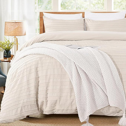 NEXHOME PRO Duvet Cover,Beige 3 Pieces Boho Tufted Duvet Cover Set, Soft and Lightweight 100% Washed Microfiber Comforter Cover Set for All Season(Beige Cal King, 104 x 98)-No Comforter