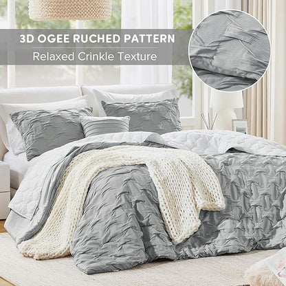 Comfort Spaces Comforter for King Size Bed, Ogee Ruched with Crinkle Texture, Breathable Comforter Set King, All Season Lightweight Bedding Set, Shams, Décor Pilow, King/Cal King Gray 4 Piece