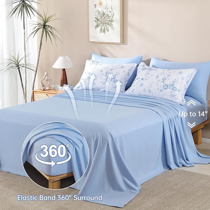 Luxudecor Floral King Comforter Set 7 Pieces Bed in a Bag, Blue Rose Romantic Flower Bed Set, Soft Reversible Comforter with Sheet Set 104"x90"