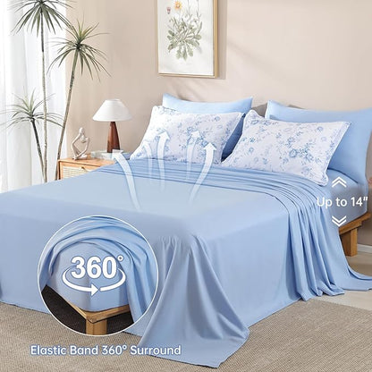 Luxudecor Floral King Comforter Set 7 Pieces Bed in a Bag, Blue Rose Romantic Flower Bed Set, Soft Reversible Comforter with Sheet Set 104"x90"