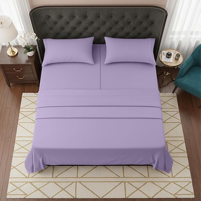 Elegant Comfort Luxurious 1500 Premium Hotel Quality Microfiber Three Line Embroidered Softest 5-Piece Bed Sheet Set, Wrinkle and Fade Resistant, Split King, Lavender