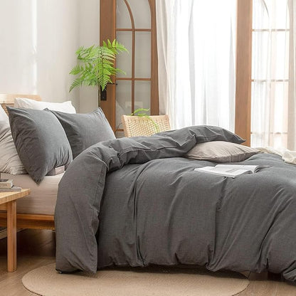 BESTOUCH Duvet Cover Set 100% Washed Cotton Linen Feel Super Soft Comfortable Chic Lightweight 3 PCs Home Bedding Set Solid Dark Grey Oversized Full