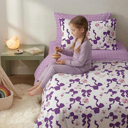 Purple Bow Comforter Set Twin Size for Girls, 2Pcs Ribbon Bowknot Bedding for Kids Kawaii Bedroom Decor, Dreamy Priness Girly Puple Polka Dots Bows Comforter Set with 1 Pillowcase, 68"x86"