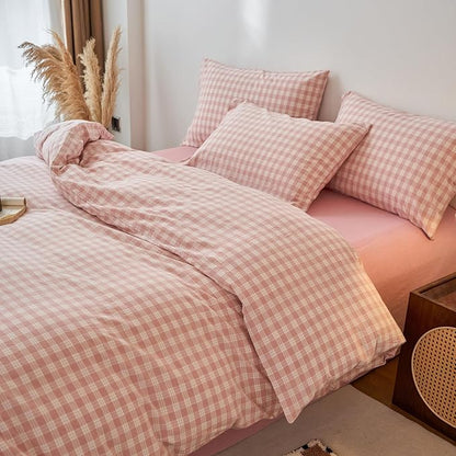 EAVD Vintage Style Gingham Plaid Duvet Cover King Pink White Soft 100% Washed Cotton Chic Warm Checkered Bedding Set with 2 Pillowcases Farmhouse Grid Gingham Duvet Cover with Zipper Closure