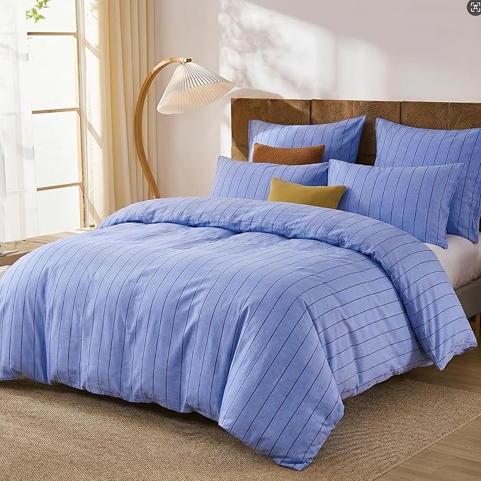 Merryword Blue Striped Duvet Cover Set King Size, 100% Cotton Denim Blue Bedding Set with Zipper Closure & 8 Corner Ties, Luxury Linen Like Bedding, Soft Breathable Comforter Cover for All Seasons