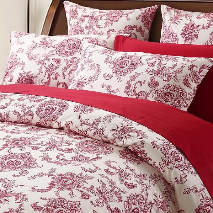 WINLIFE 100% Cotton Pillowcases King Set of 2, Red Boho Paisley Floral King Pillow Cases 2, Soft and Envelope Pillow Case (King Size, 20x36 inches)