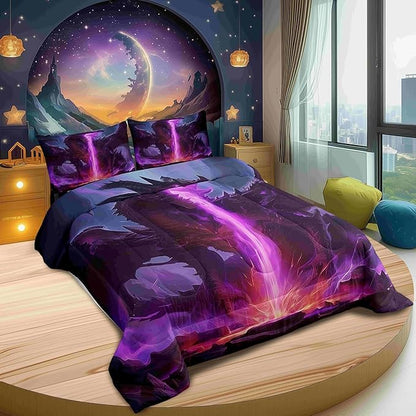 Castle Fairy Dragon 3 Pcs King Size Comforter Set,Mysterious Western Animals Down Alternative Adults Bedroom Decor,Purple Lightning Flame Ultra Soft Microfiber Inner Fill 3Pcs Bedding