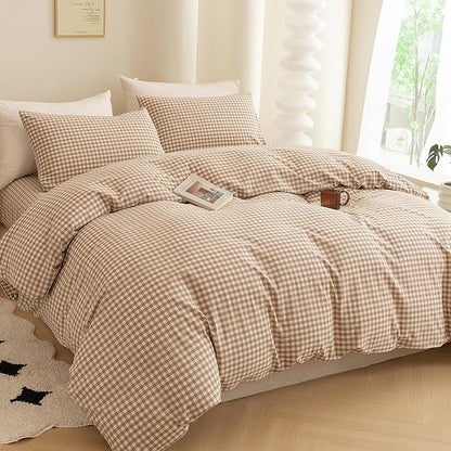 ECOCOTT Gingham Duvet Cover King Size 100% Washed Cotton Like Linen Feel Super Soft & Comfy Bedding Set Modern Checkered Design for All Seasons