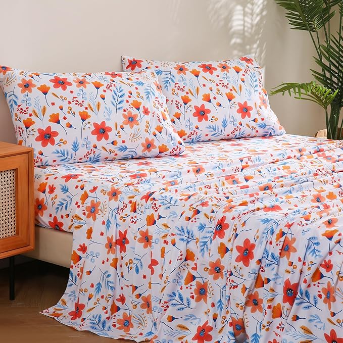 JSD Floral Printed Sheet Set King Size, 4 Piece Flower Pattern Microfiber Bed Sheets Deep Pocket