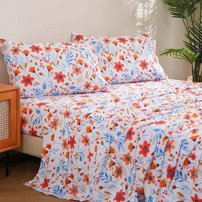 JSD Floral Printed Sheet Set Full Size, 4 Piece Spring Pattern Microfiber Bed Sheets Deep Pocket, Oeko-TEX Certified