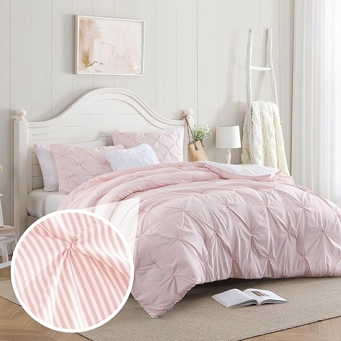 Swift Home King Pinstripe Peach Pink Comforter Set - Classic Pintuck Bedding Set - 3 Pieces Bed Linen, 1 Comforter and 2 Pillow Shams