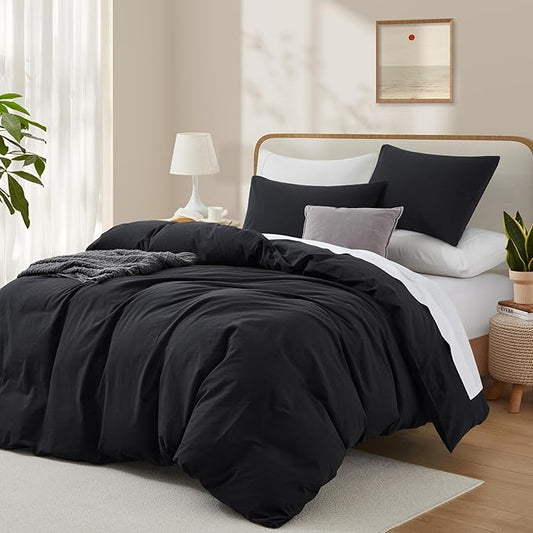 Black Duvet Cover Full Size, 100% Washed Cotton Linen Like Bedding Set with Zipper Closure (No Comforter), 80x90 Inches