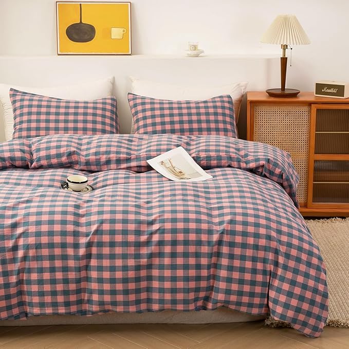 VM VOUGEMARKET Pink Plaid Comforter Set Full Blue Grid Gingham Down Comforter with 2 Pillowcases,Washed Cotton Modern Cozy Bedding Quilt Set for Teen Girls 80"x90"
