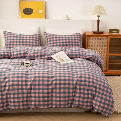 VM VOUGEMARKET Pink Blue Purple Plaid Comforter Set Queen,3 Pieces Gingham Comforter with 2 Pillowcases for Teen Girls Simple Modern Bedding Set (90"x90")