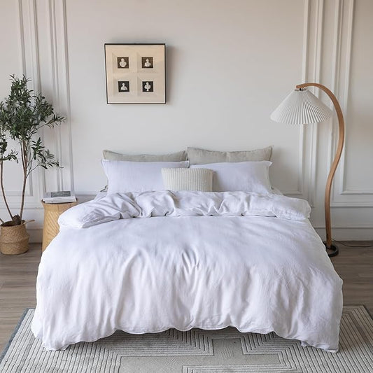 XZ XIFA White Linen Duvet Cover Full, 100% Washed French Flax Linen Bedding Set with Zipper Closure, Cooling & Textured Bed Sets for Hot Sleepers(1 Duvet Cover, 2 Pillowcases)