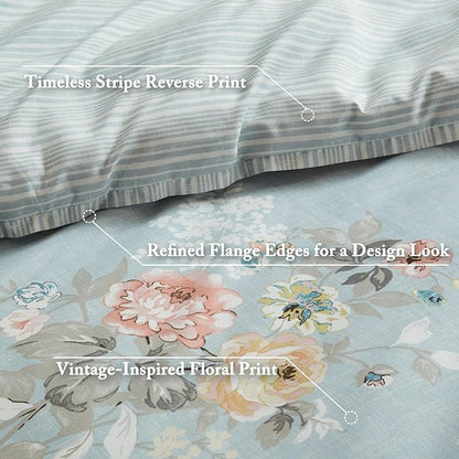 Madison Park Essentials Floral Comforter Set KING Size, Vintage Flower Bedding Set with Sheet Set, 7 Pieces Bed in a Bag with Reversible Botanical Comforter and Pillowcases & Shams, Heather, Soft Blue