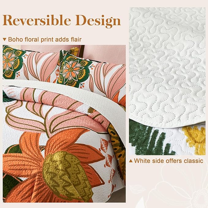 3 Piece Boho Floral Californial King Size Quilt Sets Farmhouse Reversible Lightweight Bedspread Coverlet with 2 Shams Mid Century Leaves Microfiber Bedding Quilts Set for All Season, 118''x106''