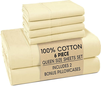 Casa Platino 100% Cotton Percale Sheet Queen – Crisp Queen Size Bed Sheets Cooling with 4 Pillowcases, Ultra Soft & Breathable for Great Nights Sleep, with 15" Deep Pocket Fitted Sheet – Beige