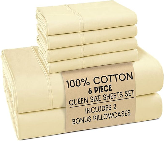 Casa Platino 100% Cotton Percale Sheet Queen – Crisp Queen Size Bed Sheets Cooling with 4 Pillowcases, Ultra Soft & Breathable for Great Nights Sleep, with 15" Deep Pocket Fitted Sheet – Beige
