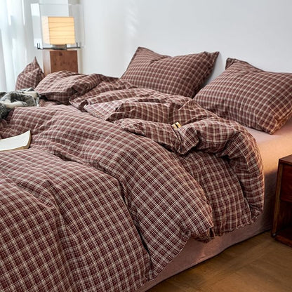 EAVD Vintage Style Burgundy Gingham Duvet Cover King 100% Washed Cotton Like Linen Feel Soft Checkered Grid Plaid Bedding Set with 2 Pillowcases Farmhouse Grid Geometric Duvet Cover with Zipper