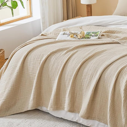 EMME Cotton Muslin Large Throw Blanket Couch Breathable Gauze Soft Lightweight Bed Blankets Adults (Heather Beige, 50"x70")