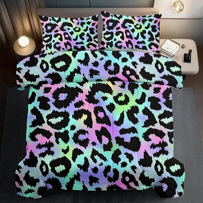 Rainbow Leopard Print Comforter Set Queen Girls Colorful Cheetah Comforter Queen Animal Leopard Print Bedding Set Women Purple Cheetah Bedding Quilt Bedroom Decor